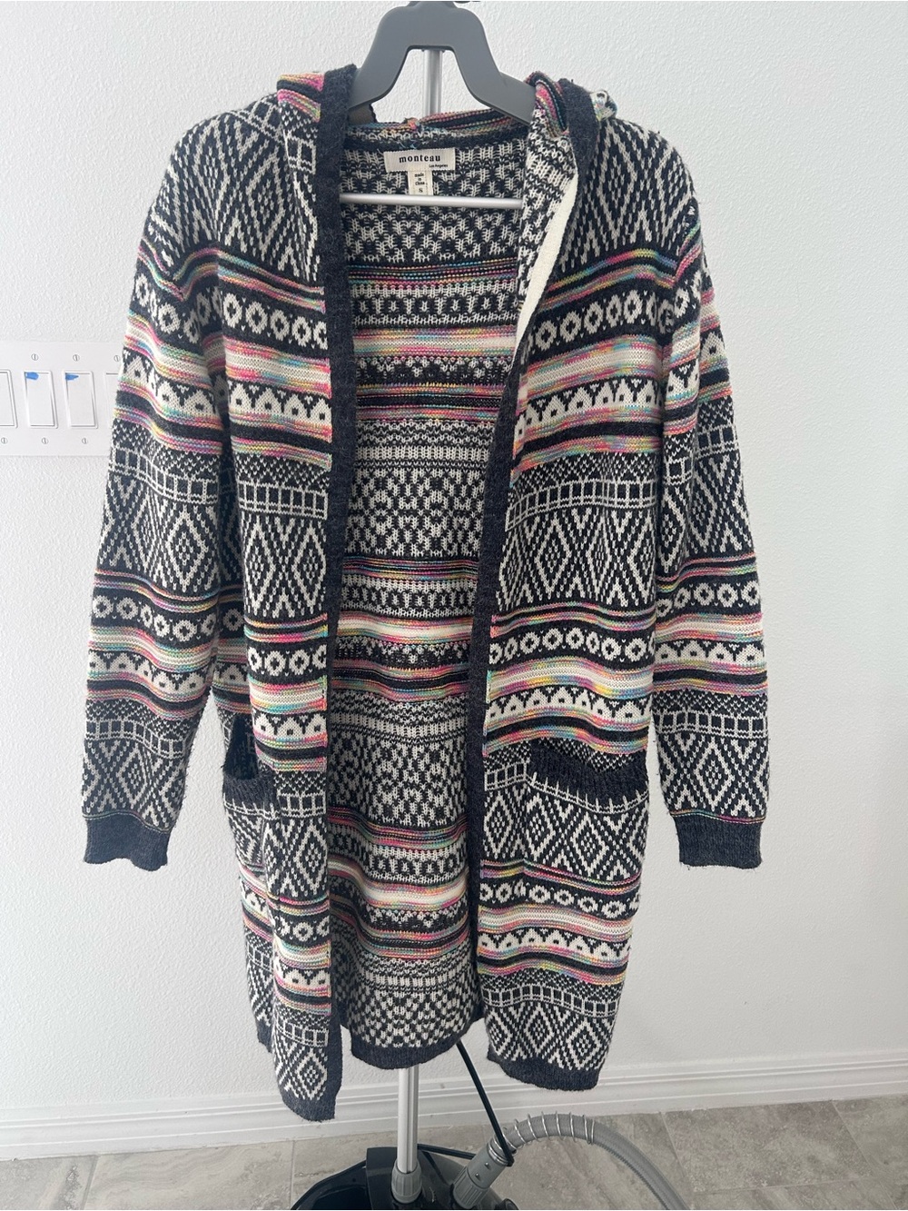 Monteau Black Hooded Cardigan with Pink, Green & Cream Accents